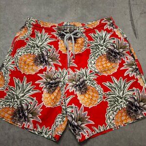 Vilebrequin Mens Red Pineapple Print Swim Trunks With Drawstring Waist Size L